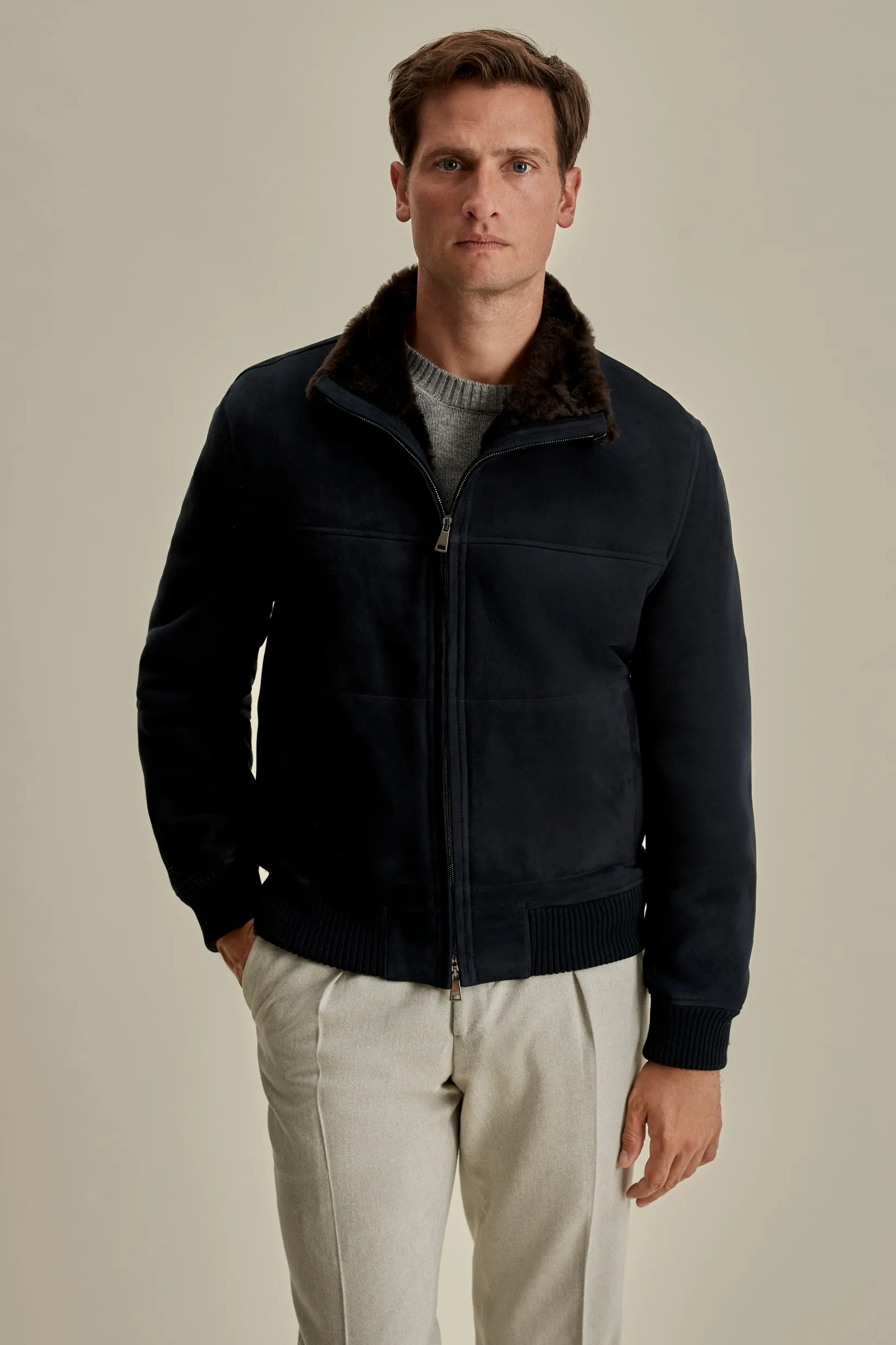 Sale Suede Sheepskin Mock Collar Bomber Jacket Outerwear